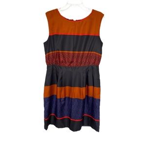 LOFT Burn Orange and Navy Blue silky sleeveless dress size 12 batik print